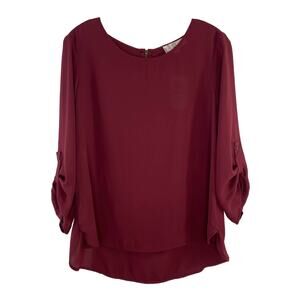 Hippie Rose BURGUNDY Red Wine Roll Tab Sleeve Top Blouse Popover L Large NEW NWT
